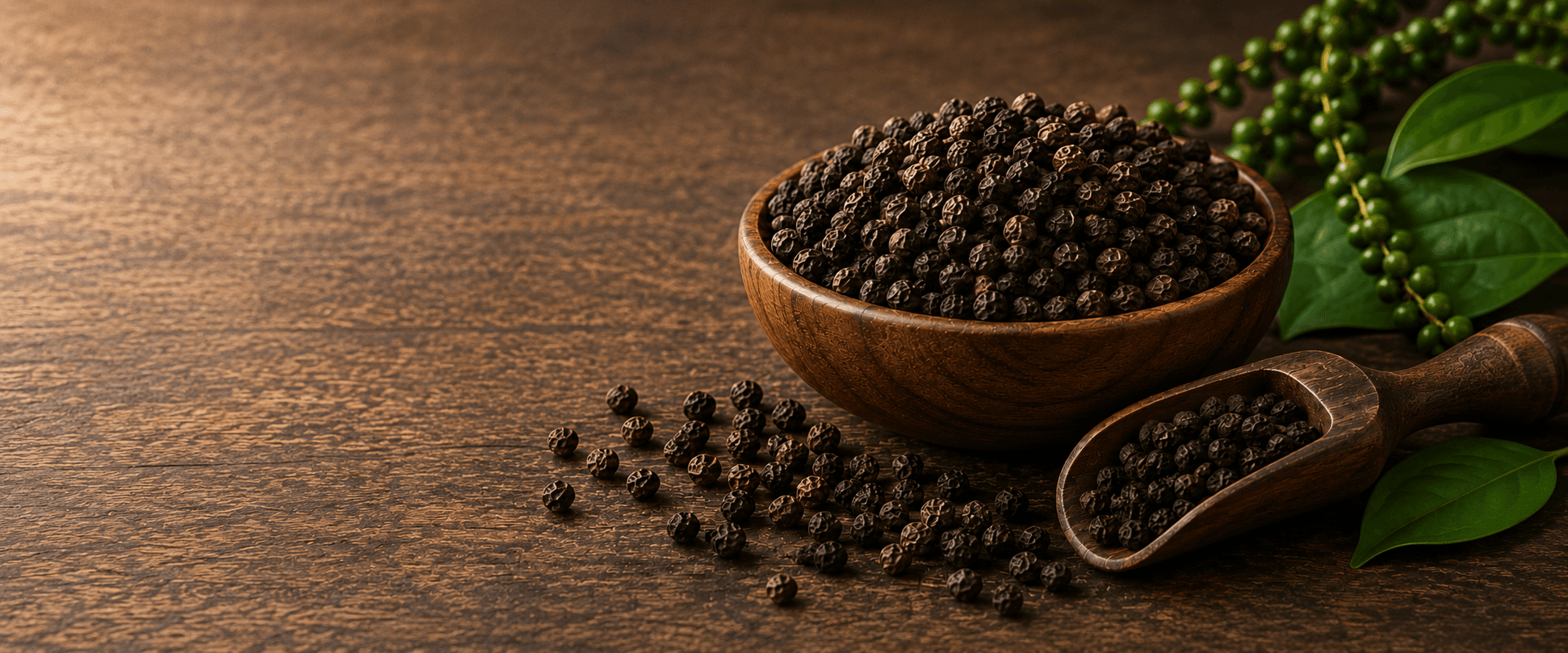 Premium Kerala black pepper in a wooden bowl