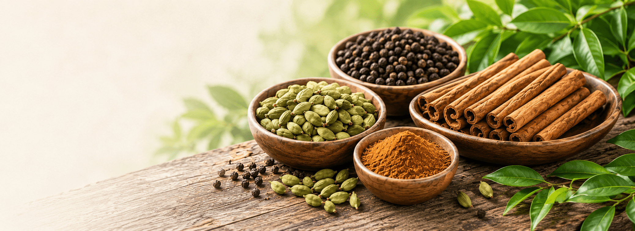 Premium spice bowls — black pepper, green cardamom, and turmeric — flat lay